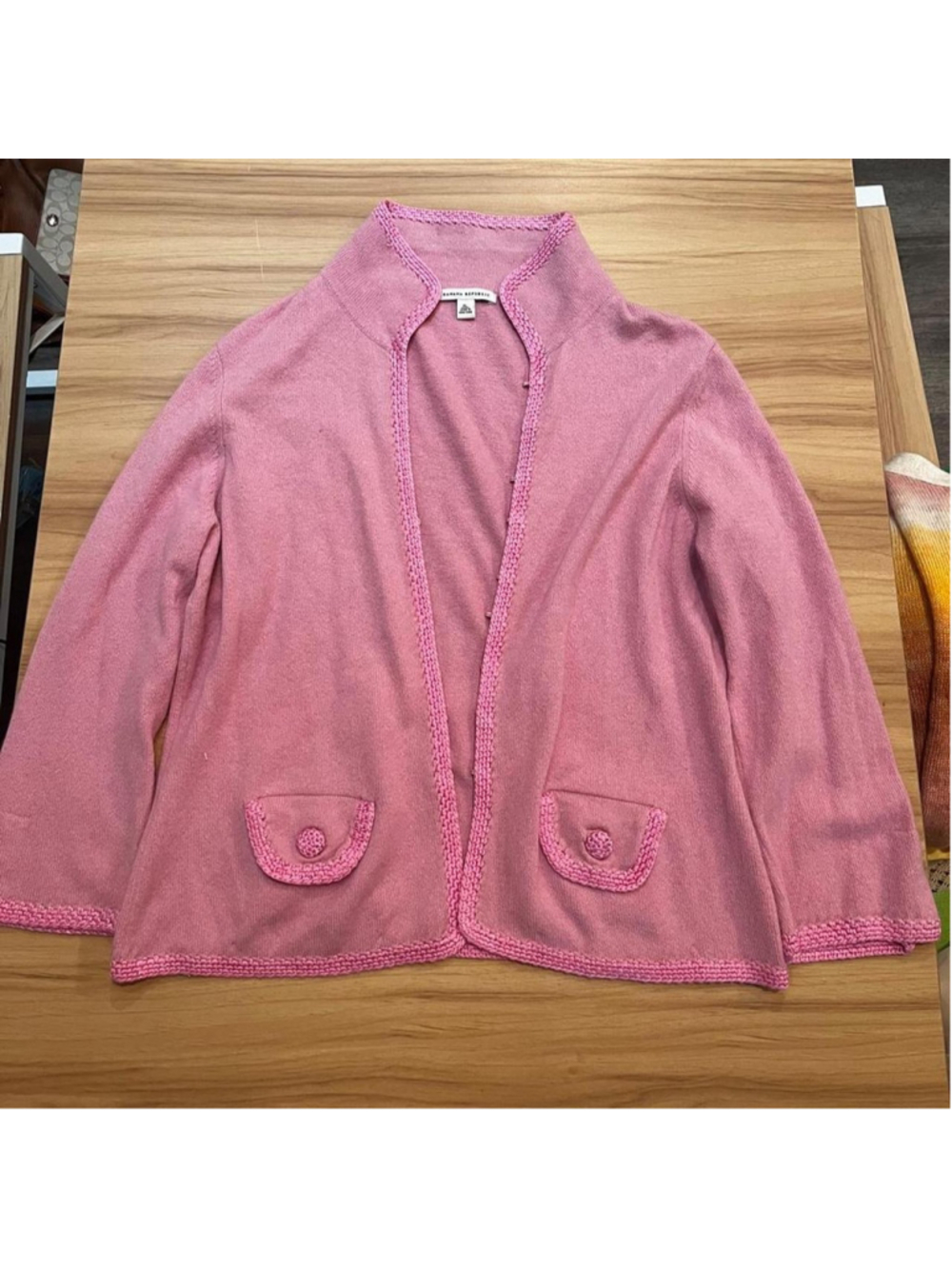 Soft pink Banana Republic knit cardigan with crochet trim, button pockets and fl